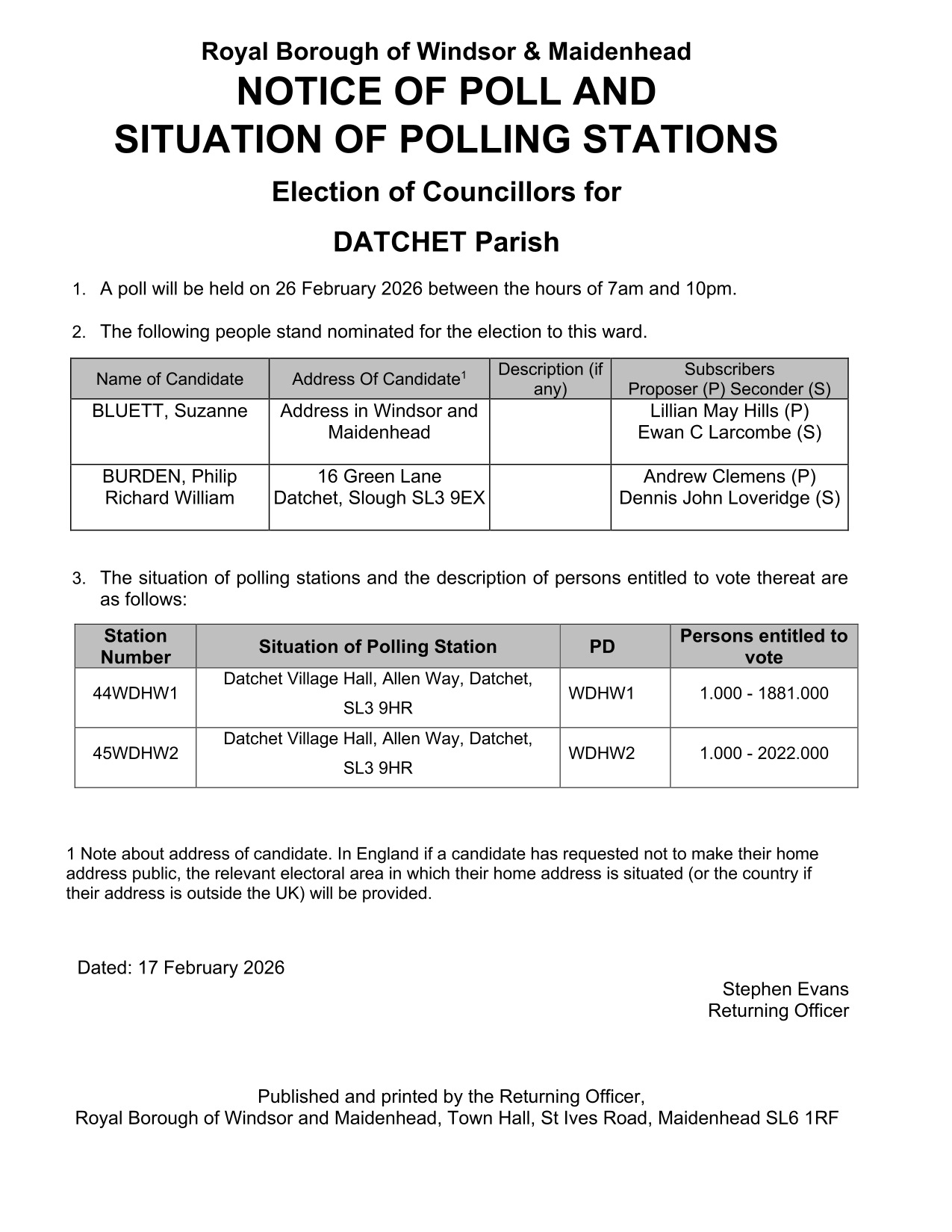 DATCHET PARISH COUNCIL BY-ELECTION 