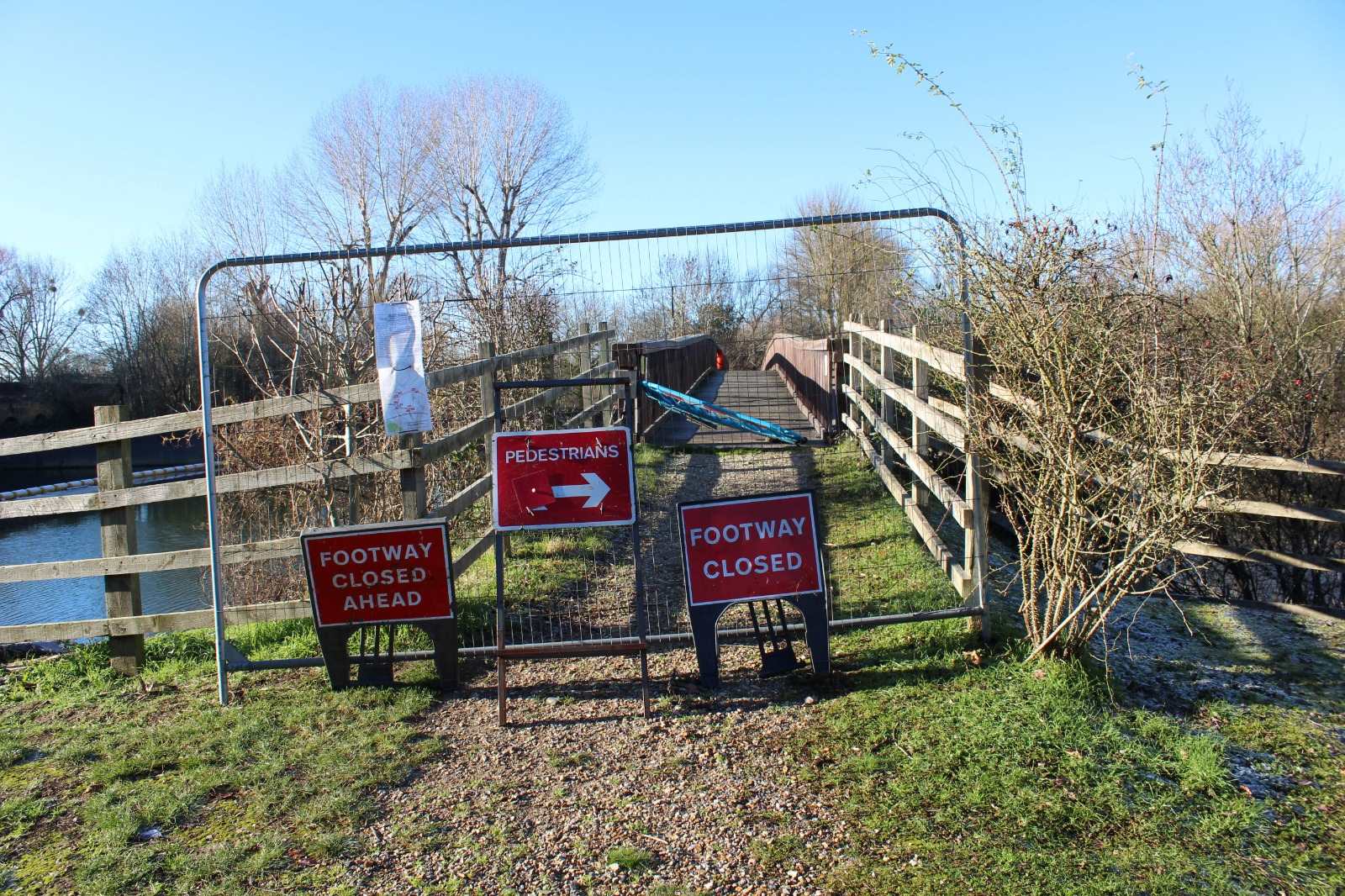 WARNING to all parishioners and the general public: DO NOT ATTEMPT TO CROSS POCOCKS LANE FOOTBRIDGE, adjacent to Black Potts Railway Bridge/Weir. 